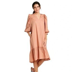 A New Day Puff Quarter Length Sleeve Ruffle Hem Midi Dress Coral/Nude New